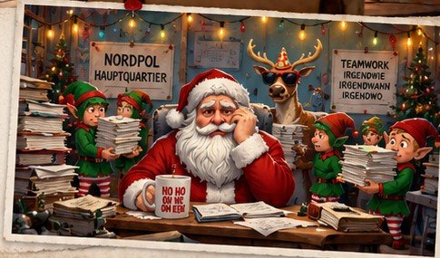 Weihnachtsmann und Elfen im chaotischen Nordpol-Hauptquartier